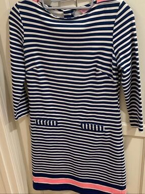 Lilly Pulitzer Navy and White Striped 3/4 Sleeve Dress w/ Pink Hem, XXSmall